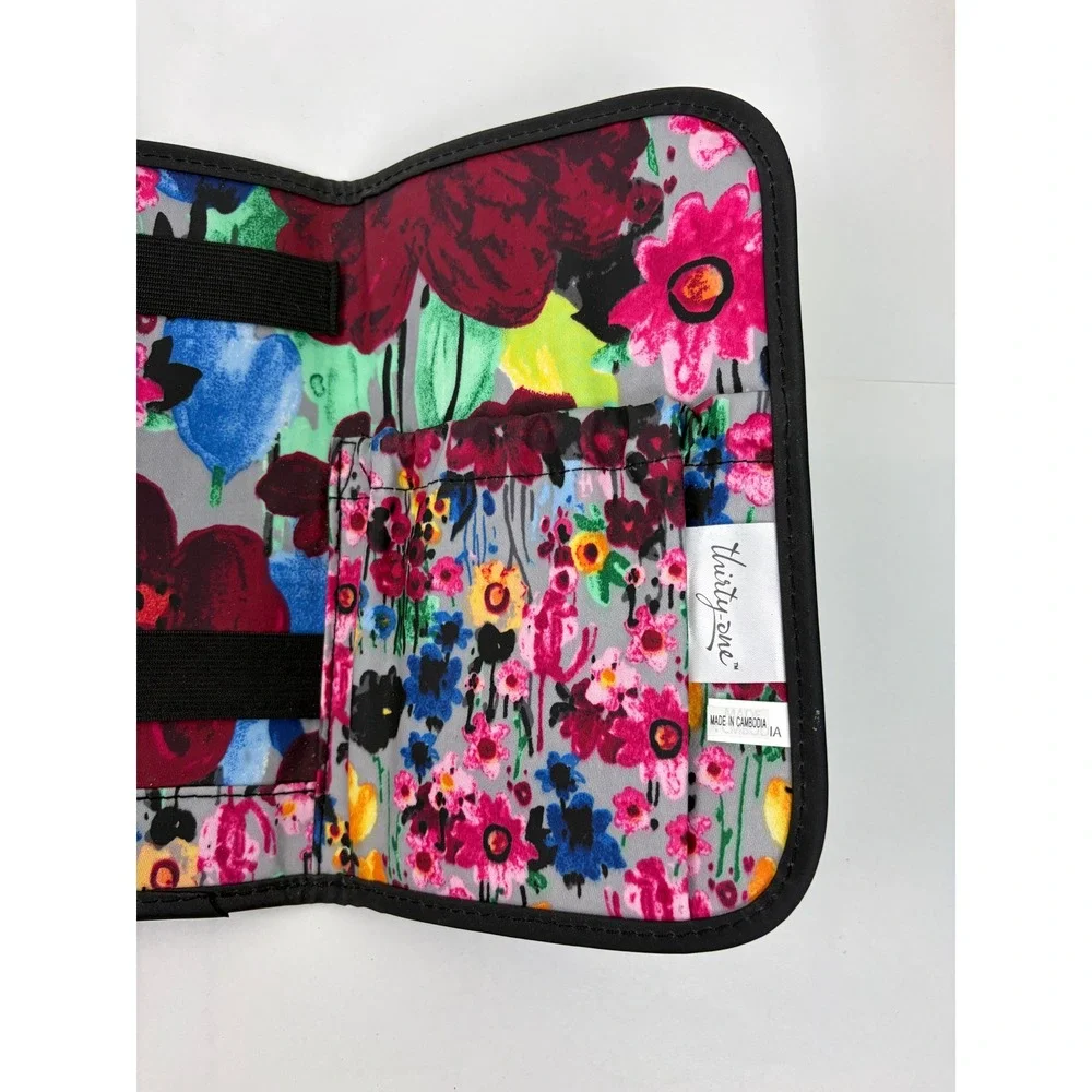 Thirty One Jewelry Travel Organizer Makeup Gray Floral Ribbon Tie Portable Wrap